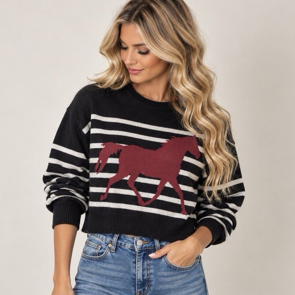 Vigoss Stripe Horse Icon Crop Sweater Womens M Black Horse NWT Western